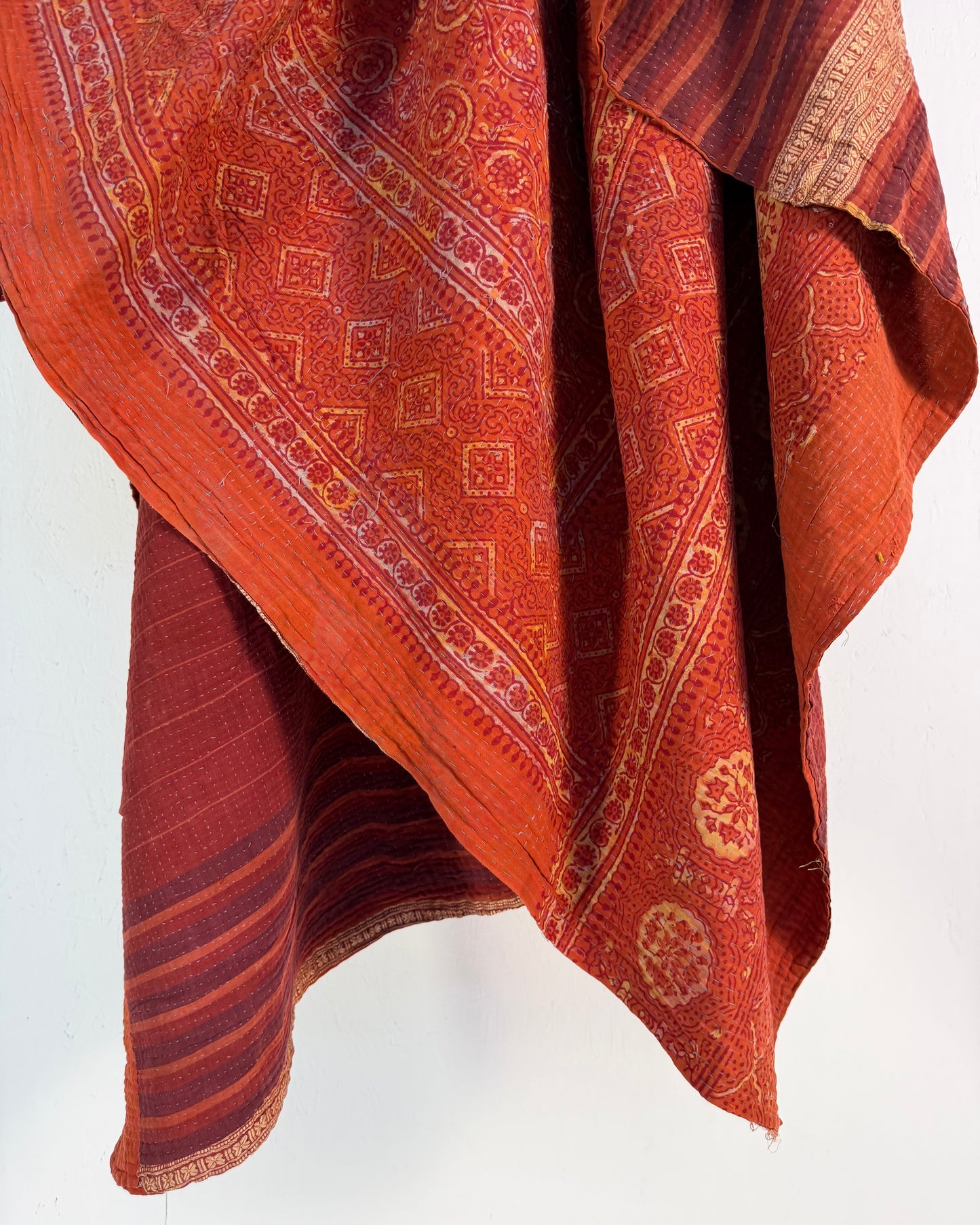Extra Large Ajrakh Printed Vintage Kantha Quilt In Deep Red