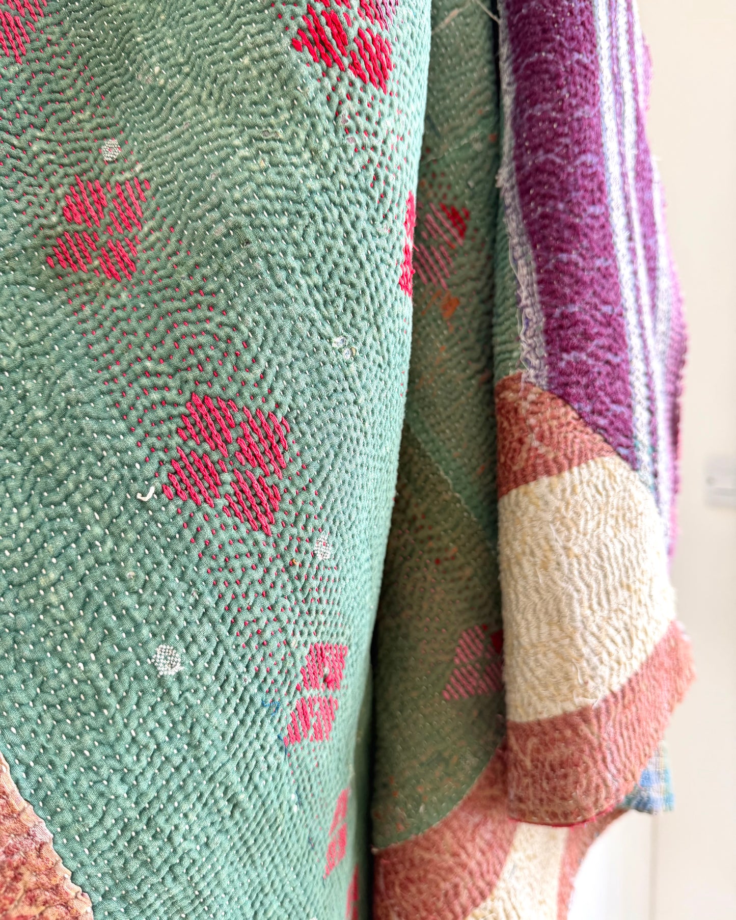 Fine Stitched Thick Vintage Kantha Quilt in Green With Red Embroidery