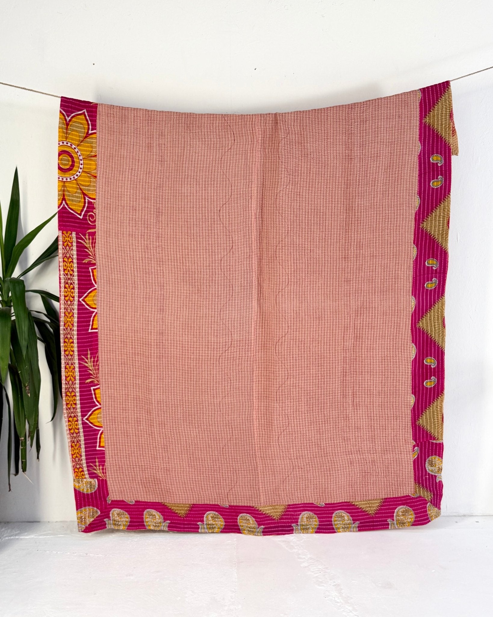 Large Fine Stitched Vintage Kantha Quilt in Pink and Peachy Orange - Biggs & Hill