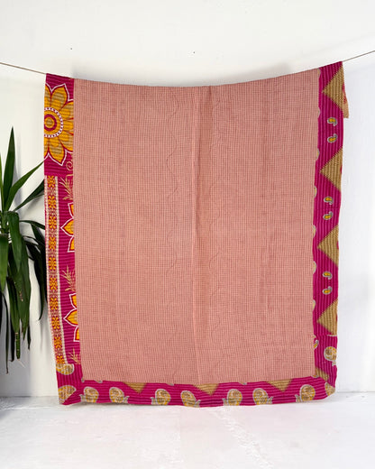 Large Fine Stitched Vintage Kantha Quilt in Pink and Peachy Orange - Biggs & Hill