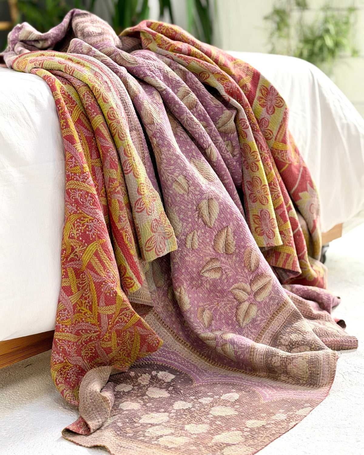 Large Fine Stitched Vintage Kantha Quilt in Pink, Orange and Lilac - Biggs & Hill