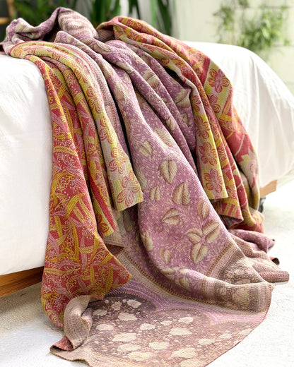 Large Fine Stitched Vintage Kantha Quilt in Pink, Orange and Lilac - Biggs & Hill
