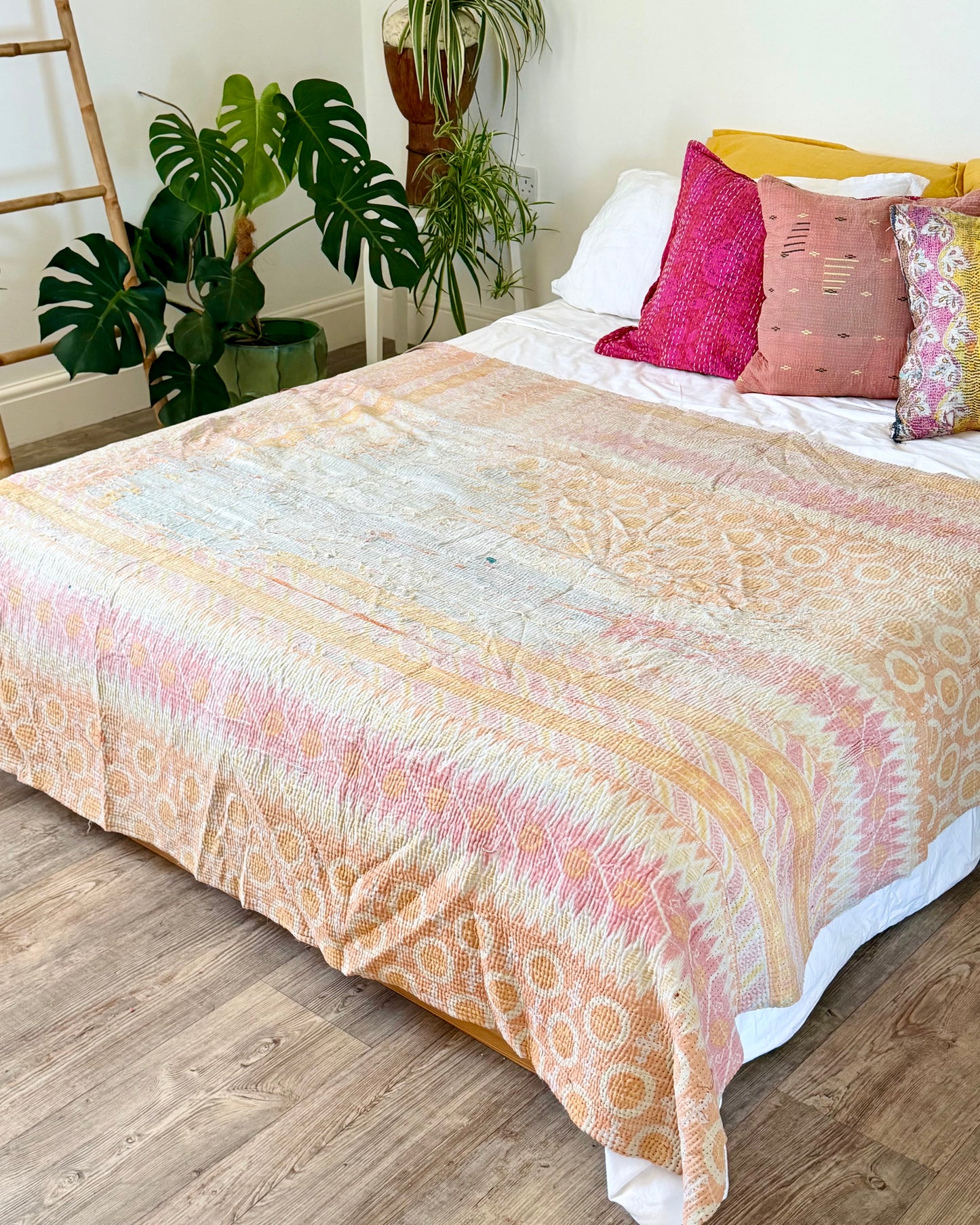 Textured Vintage Kantha Quilt In Pink and Yellow