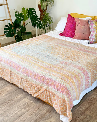 Textured Vintage Kantha Quilt In Pink and Yellow