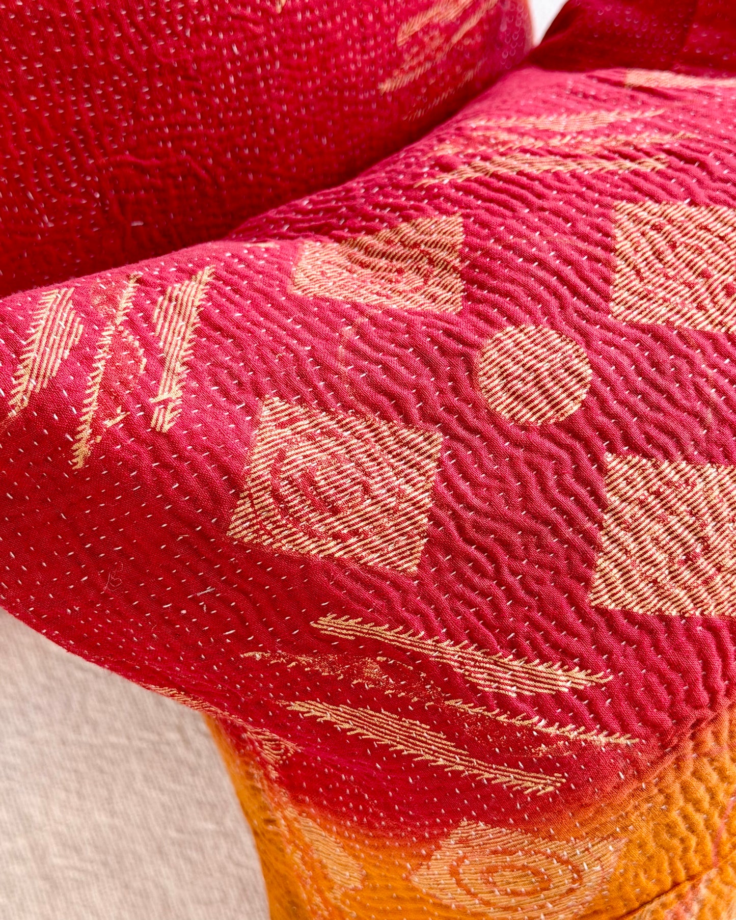 Vintage Kantha Cushion In Red Orange and Green - Small Rectangular