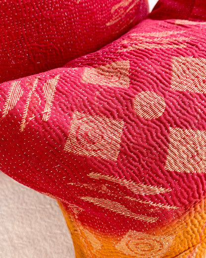 Vintage Kantha Cushion In Red Orange and Green - Small Rectangular