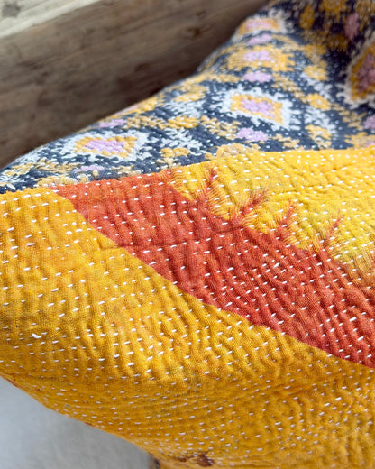 Vintage Kantha Cushion In Yellow and Blue - 45cm Square