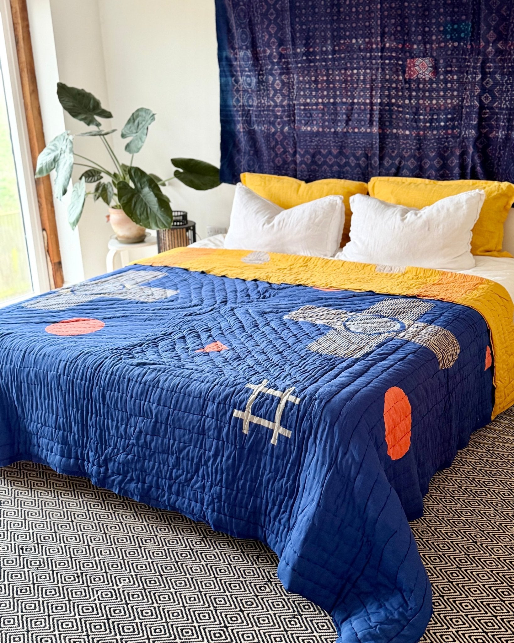 Quilted Kantha In Blue and Yellow With Geometric Patterns - SUPER KING - Biggs & Hill