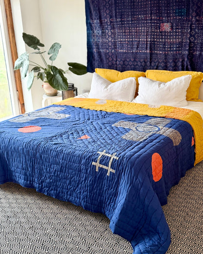 Quilted Kantha In Blue and Yellow With Geometric Patterns - SUPER KING - Biggs & Hill