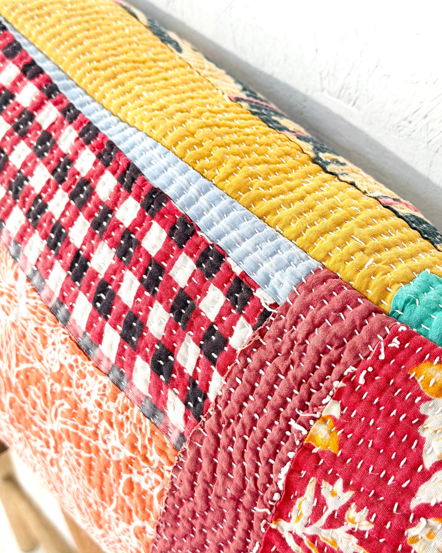 Vintage Kantha Bolster Cushion Cover In Patchwork Red and Pink - 100cm