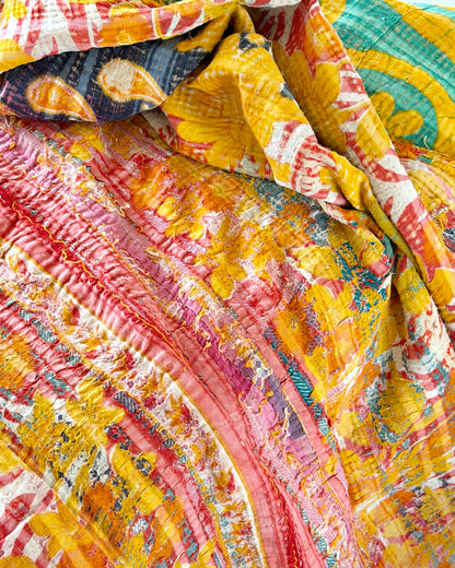 Extra Large Large Fine Stitched Vintage Kantha Quilt in Orange and Navy Blue