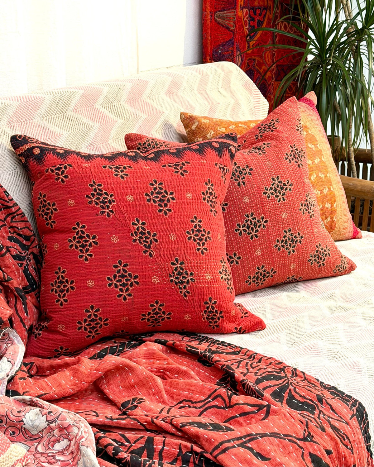 Handmade Reversible Vintage Kantha Cushion Cover In Red and Black - 45cm (18") - Biggs & Hill