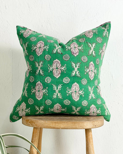 Handmade Vintage Kantha Cushion Cover In Green Floral - 45cm (18") Square - Biggs & Hill