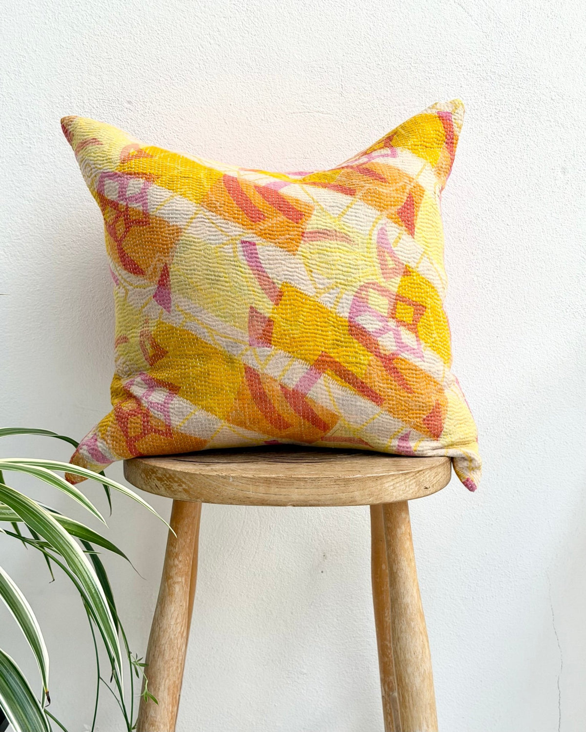 Handmade Reversible Vintage Kantha Cushion Cover In Pink and Yellow- 45cm (18") - Biggs & Hill
