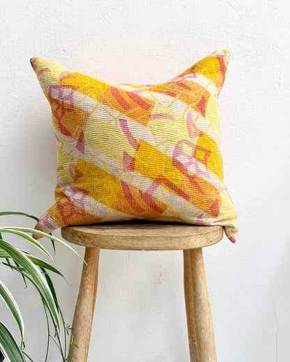 Handmade Reversible Vintage Kantha Cushion Cover In Pink and Yellow- 45cm (18") - Biggs & Hill