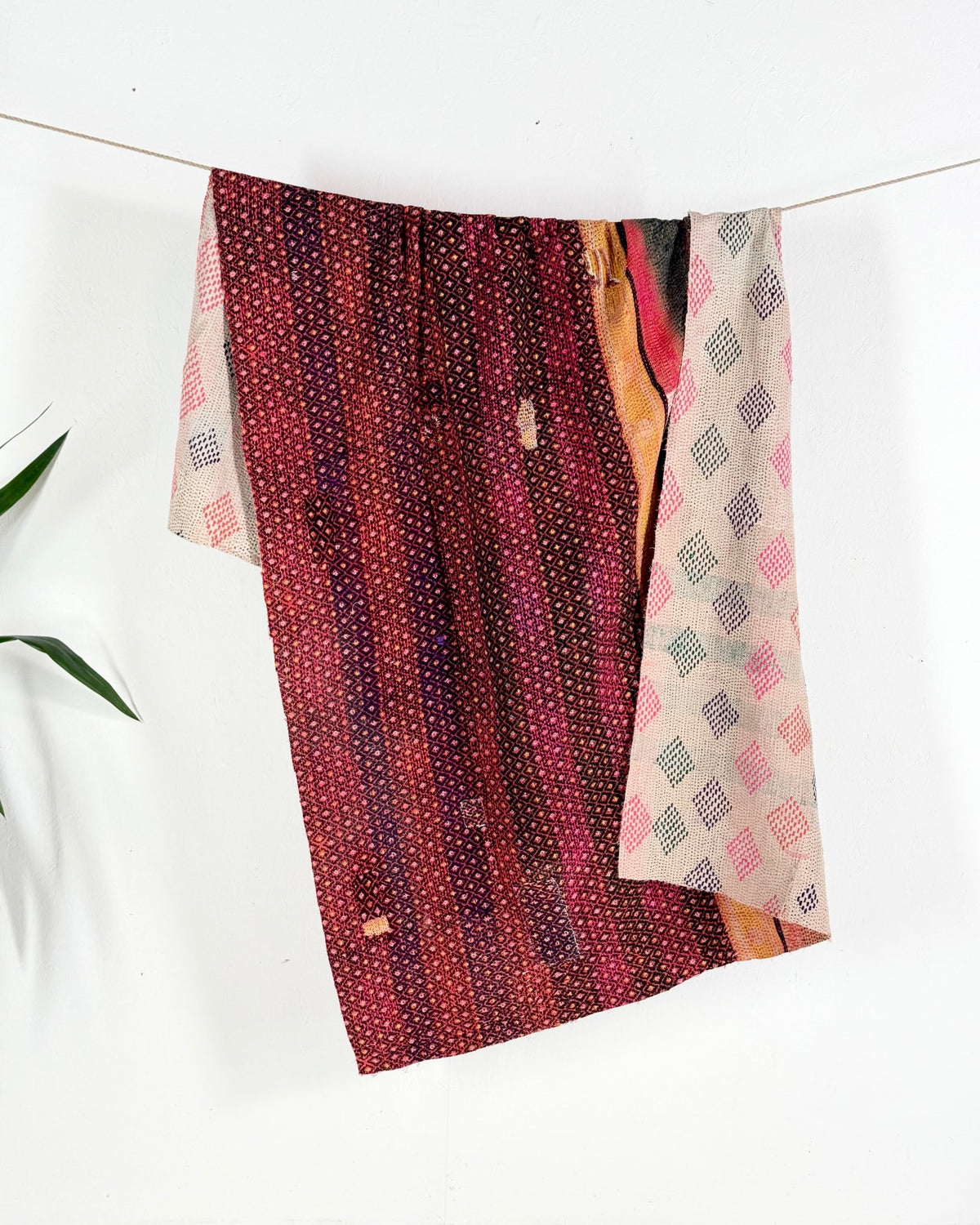 Embroidered Vintage Kantha Quilt in Pink and White - Biggs & Hill