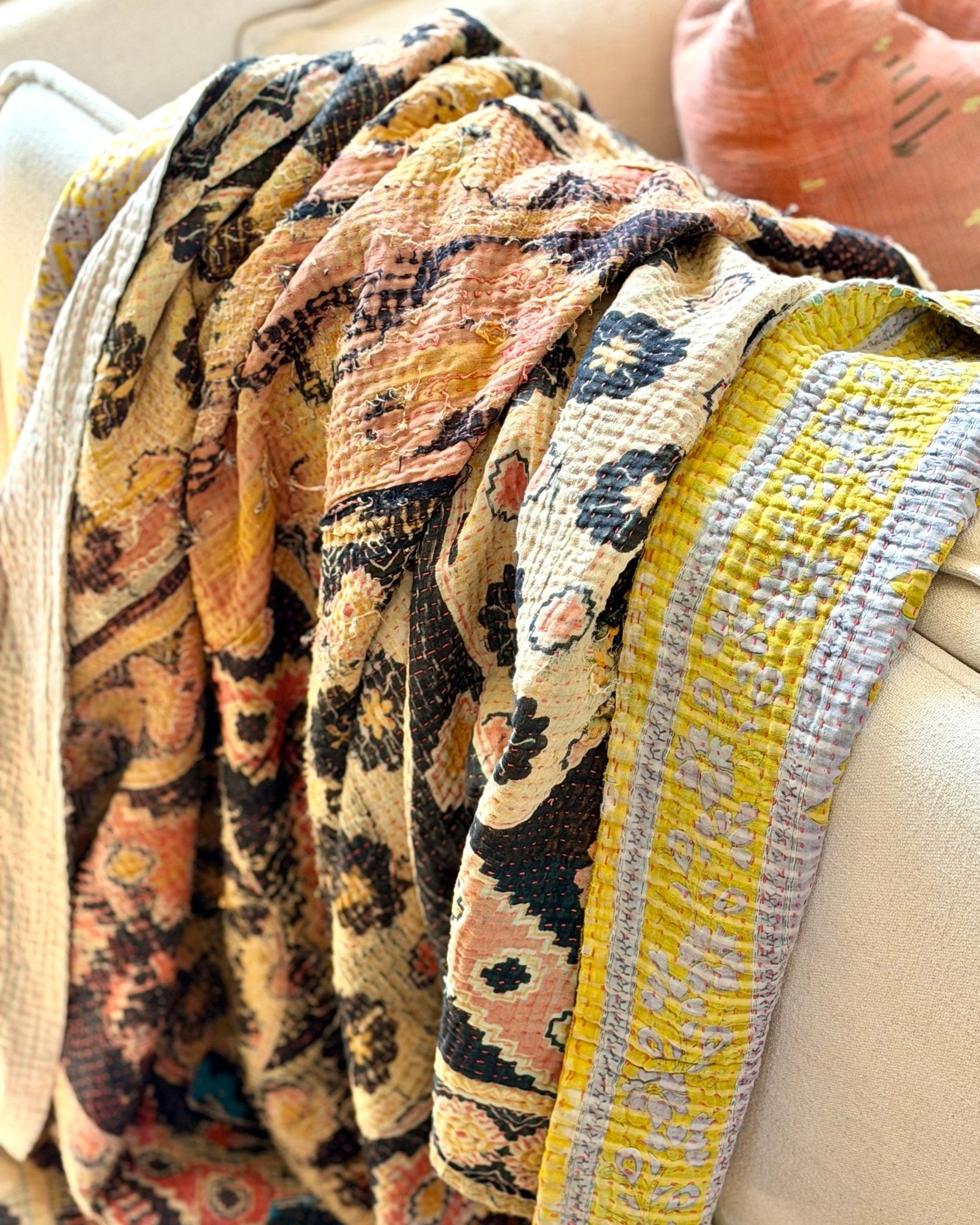 Large Textured Vintage Kantha Quilt In Geometric Peach and Black - Biggs & Hill