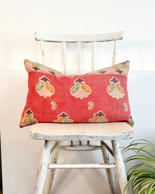 Vintage Kantha Cushion In Pink Floral - Small Rectangular