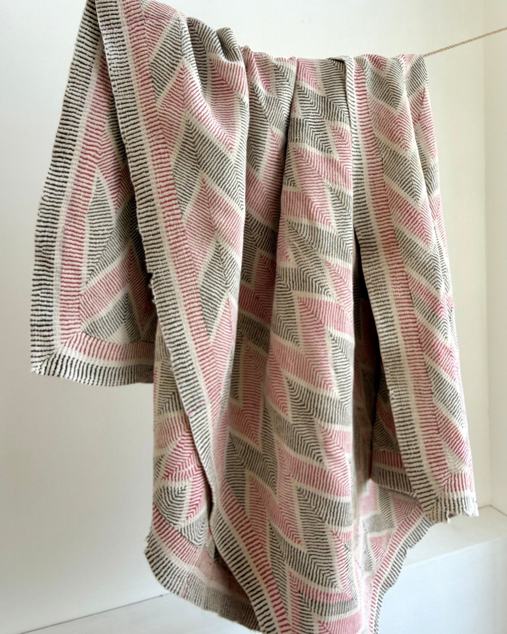 Heavy Vintage Lohori Kantha Quilt in Pink and Black Zig Zags - Biggs & Hill