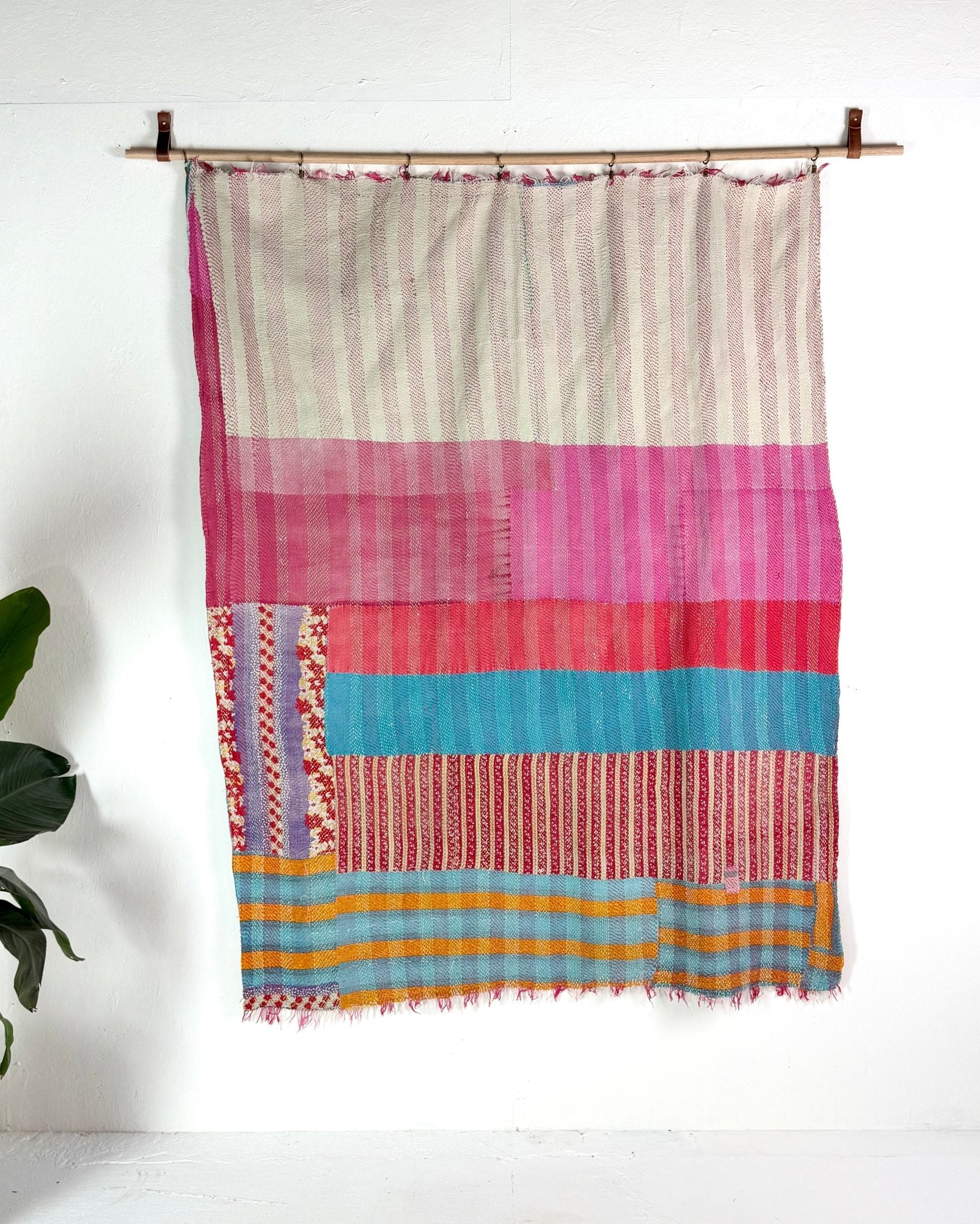 Heavy Kantha Blanket Quilt In Orange, Pink and Blue Colour Blocks - Biggs & Hill
