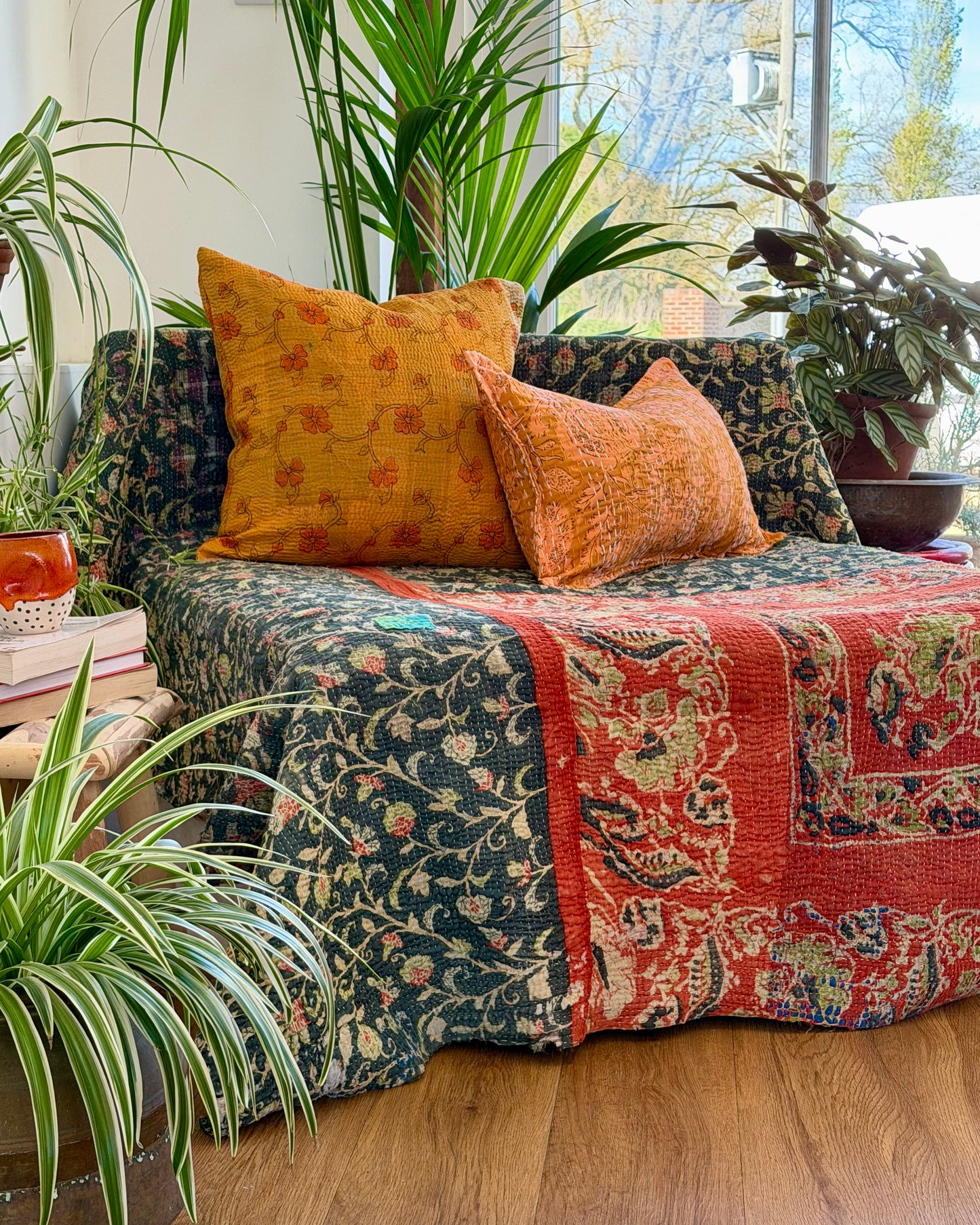 Hand Block Printed Fine Stitched Vintage Kantha Quilt In Muted Blue-Green and Orange