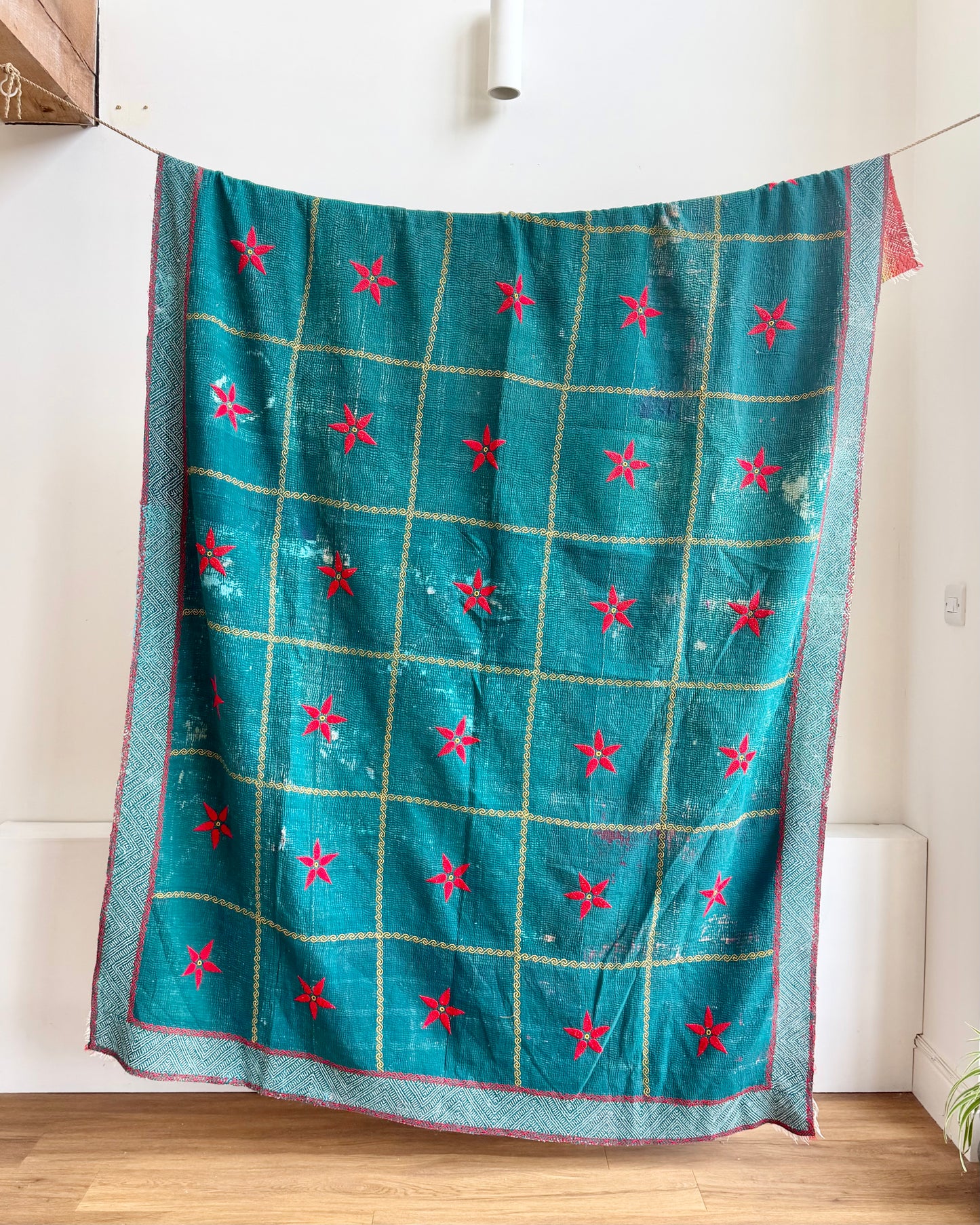 Large Fine Stitched Vintage Kantha Quilt In Emerald Green With Holbein Stitch Border