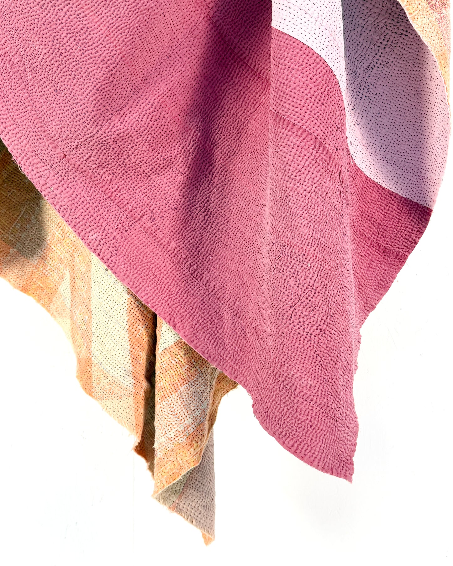 Extra Large Textured Vintage Kantha Quilt in Pink Colour Block and Peachy Pastels
