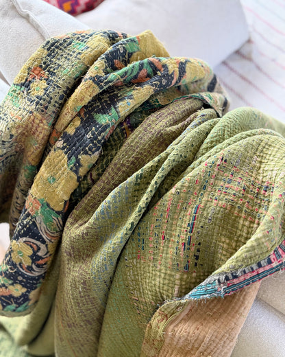 Large Textured Vintage Kantha Quilt In Green and Orange