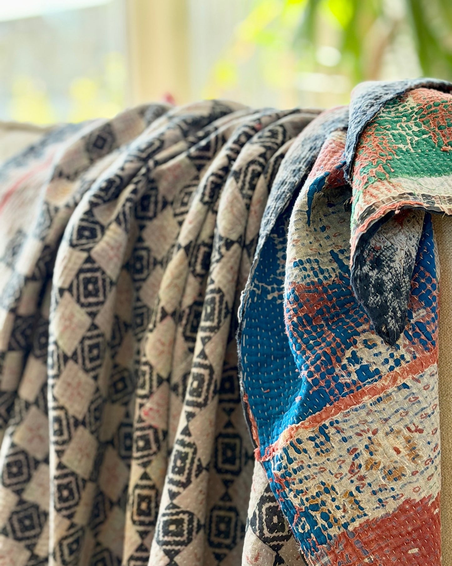 Extra Large Textured Vintage Kantha Quilt In Blue, Red and Green - Biggs & Hill