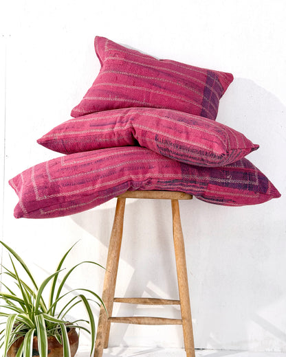 Vintage Kantha Bolster Cushion Cover In Pink With Embroidered Stripes - 80cm