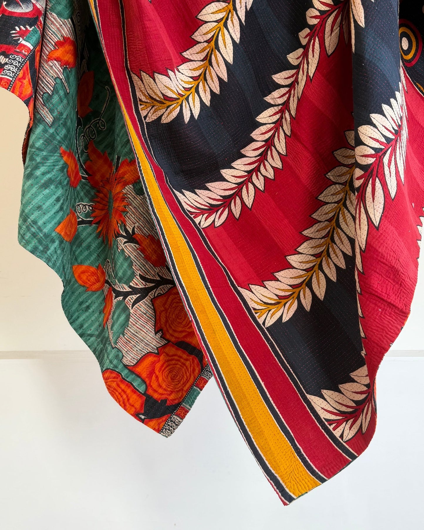 Extra Large Fine Stitched Vintage Kantha Quilt in Red, Navy and Green - Biggs & Hill