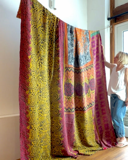 Super King Vintage Kantha Quilt in Green, Purple, Yellow and Red