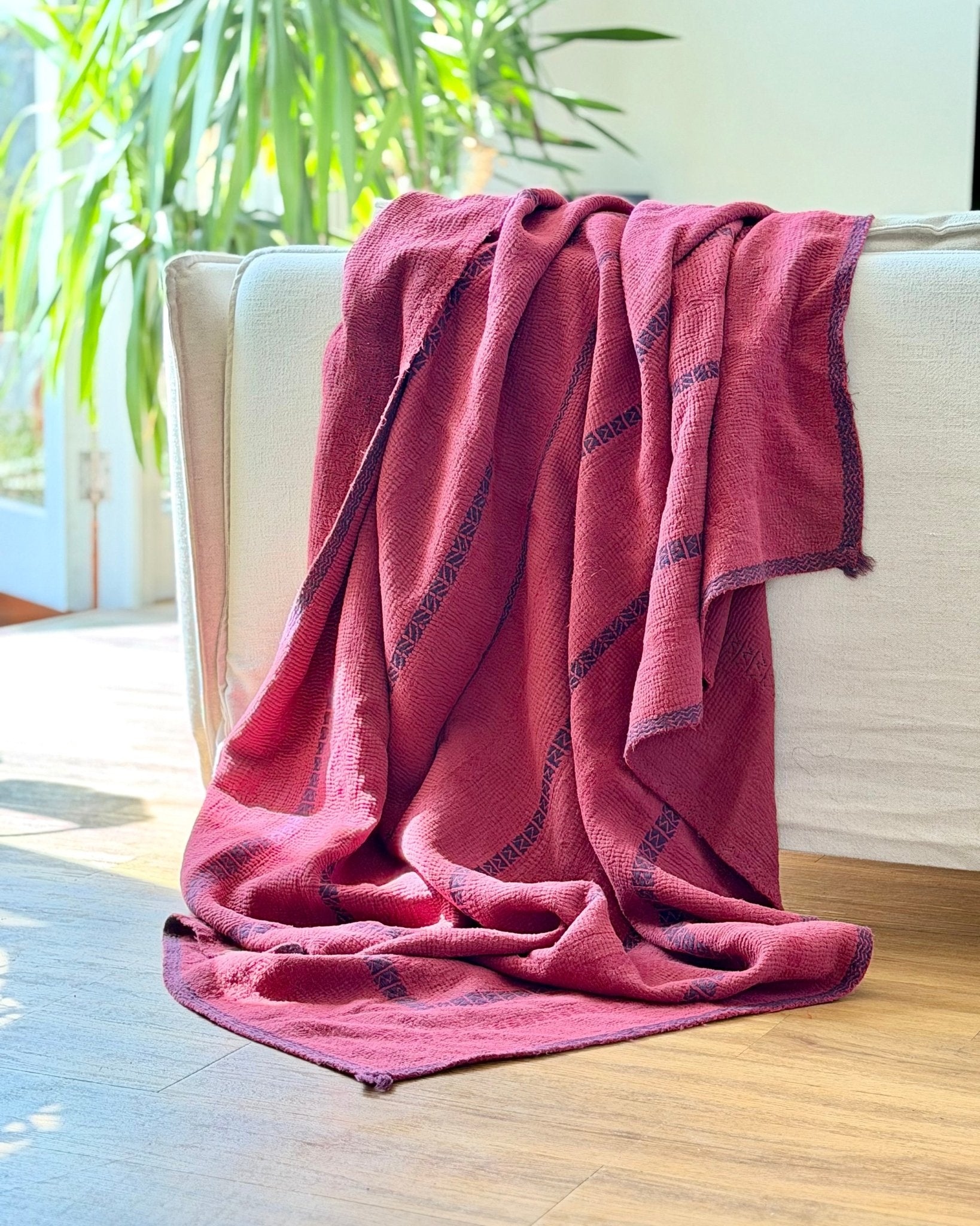 Fine Stitched Embroidered Vintage Kantha Quilt in Deep Plum Red - Biggs & Hill