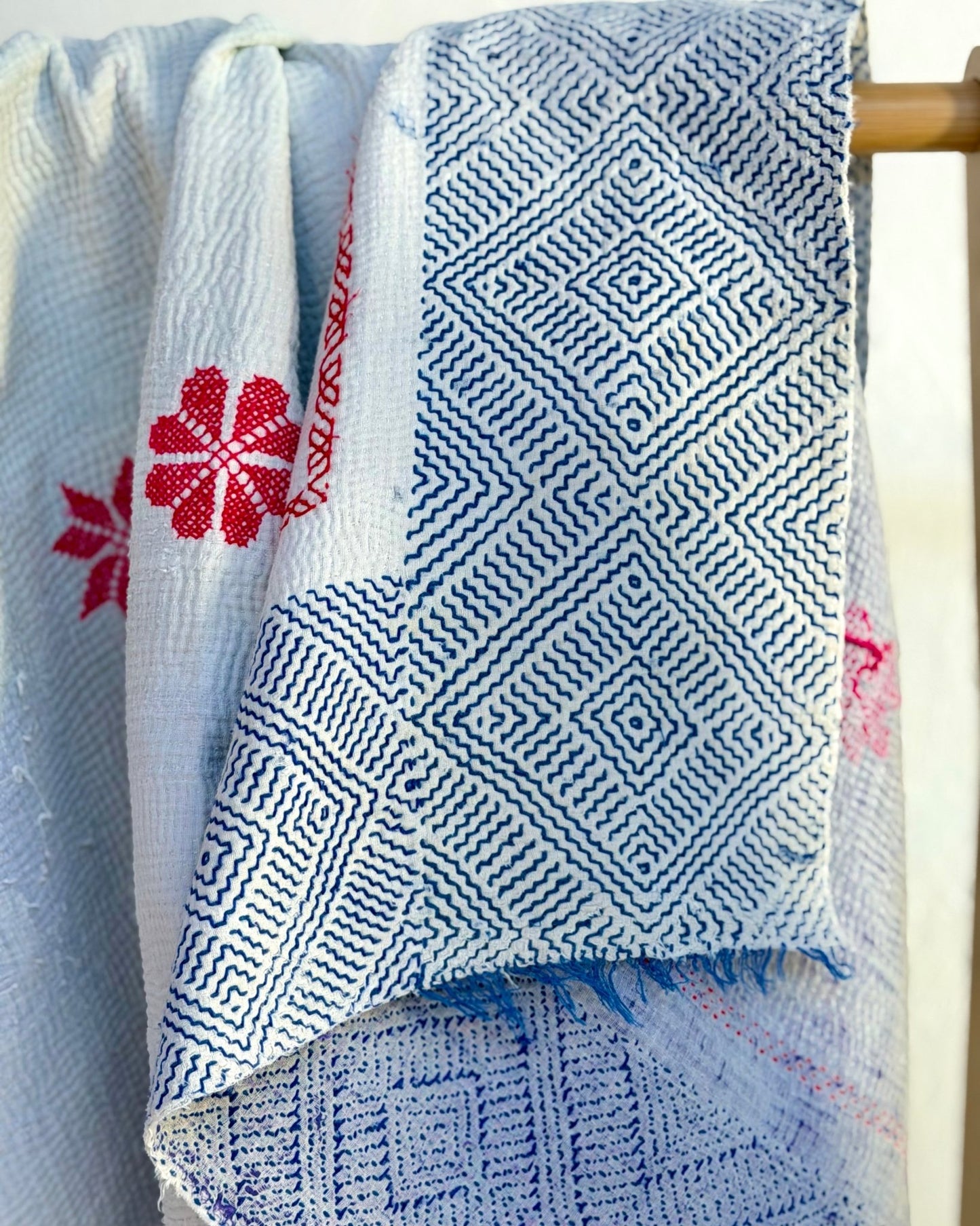 Star Embroidered Vintage Kantha Quilt in White and Pink - Biggs & Hill
