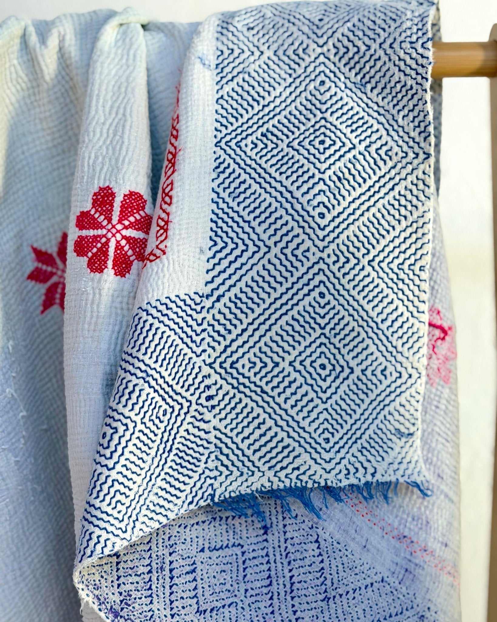 Star Embroidered Vintage Kantha Quilt in White and Pink - Biggs & Hill
