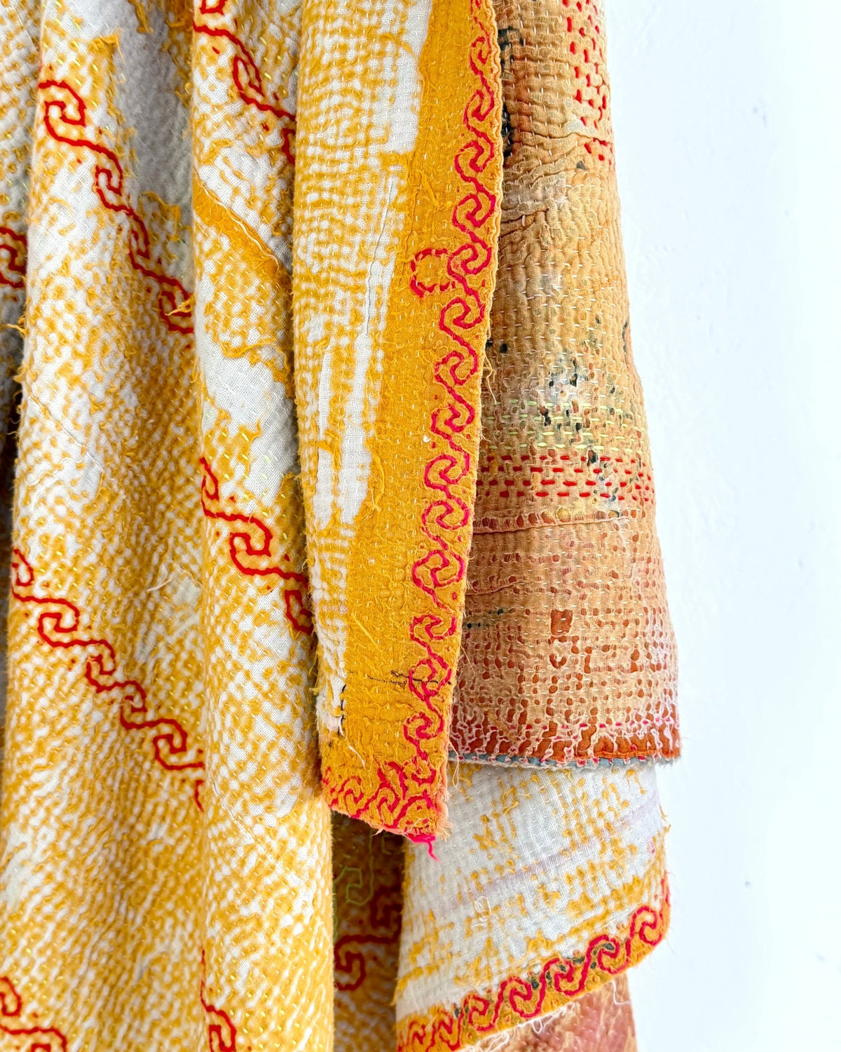 Embroidered Vintage Kantha Quilt in Yellow and Pink - Biggs & Hill