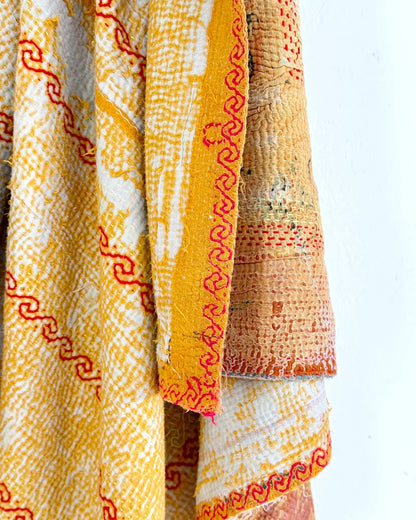 Embroidered Vintage Kantha Quilt in Yellow and Pink - Biggs & Hill