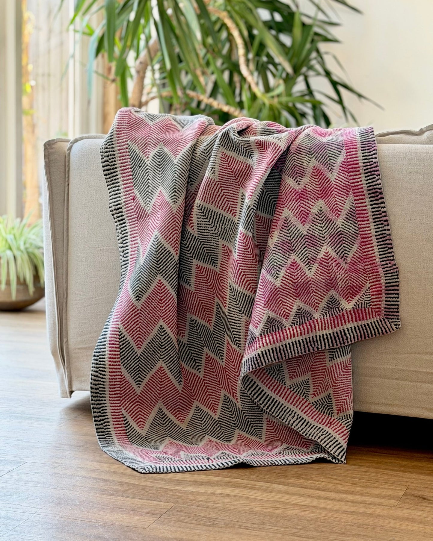 Heavy Vintage Lohori Kantha Quilt in Deep Pink and Black Zig Zags - Biggs & Hill