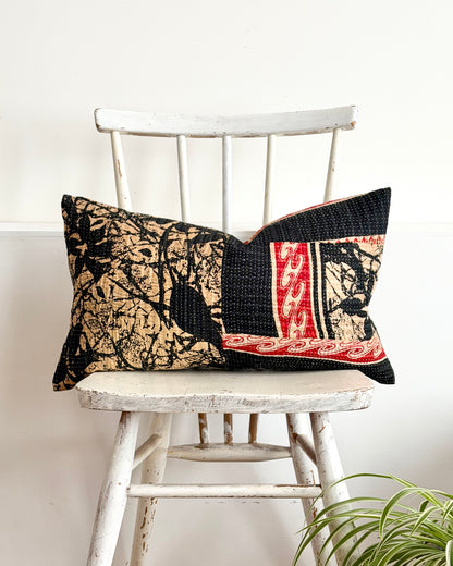 Vintage Kantha Cushion In Black and Red- Small Rectangular