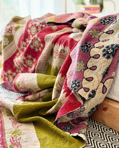 Large Fine Stitched Vintage Kantha Quilt in Pink, Green and Purple Florals - Biggs & Hill