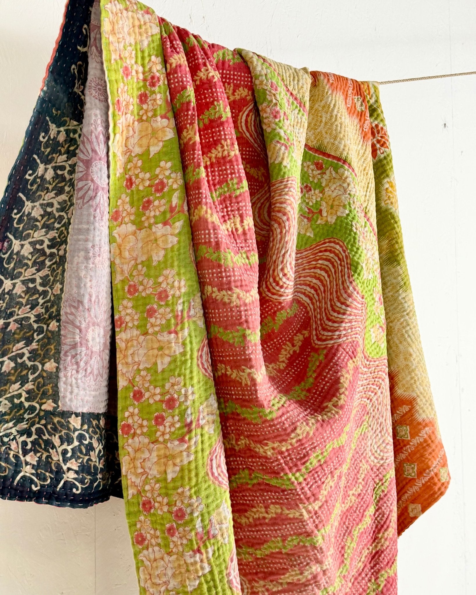 Large Fine Stitched Vintage Kantha Quilt in Orange, Green, Lilac and Yellow - Biggs & Hill