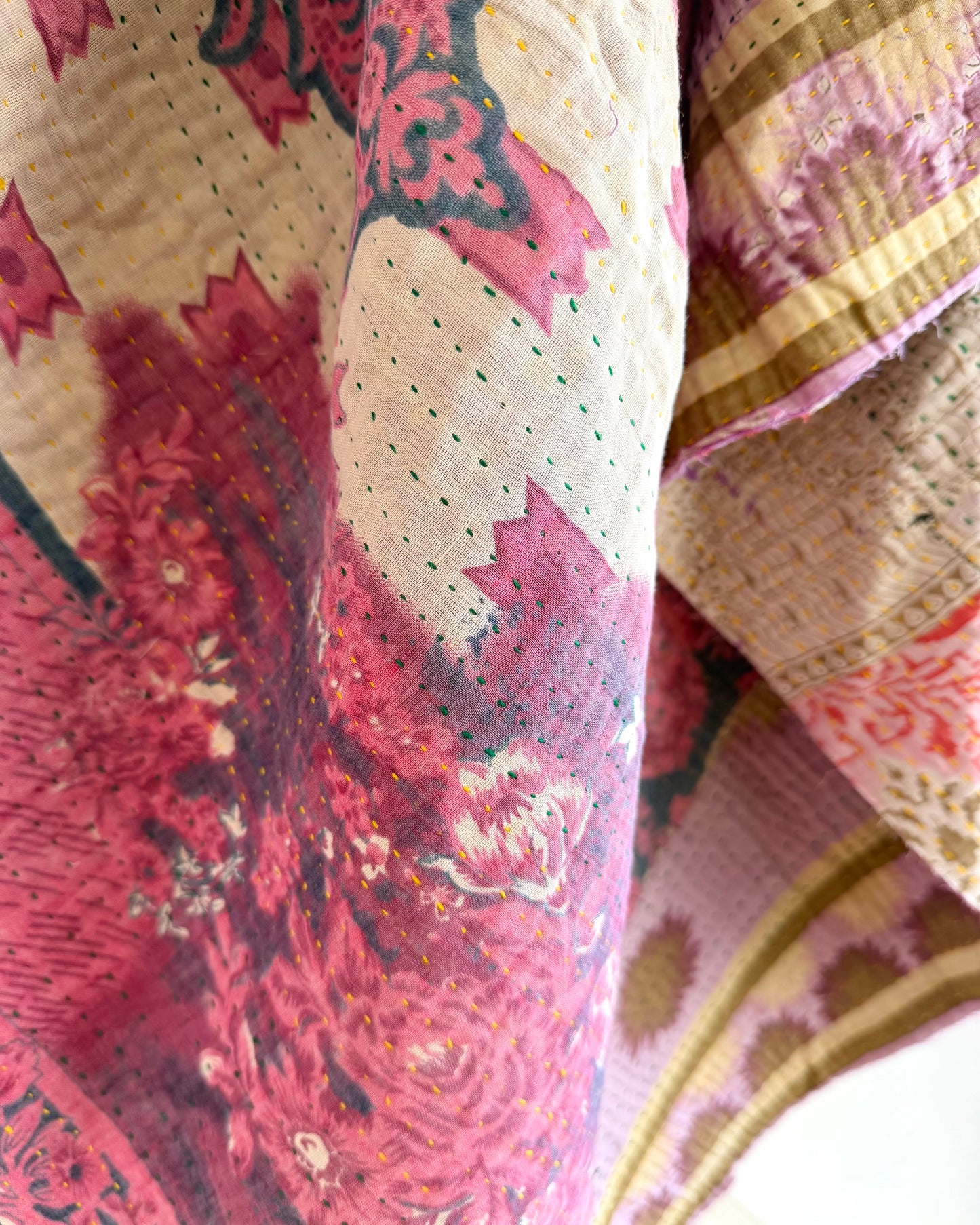 Fine Stitched Vintage Kantha Quilt in Super Soft Pink and Purple
