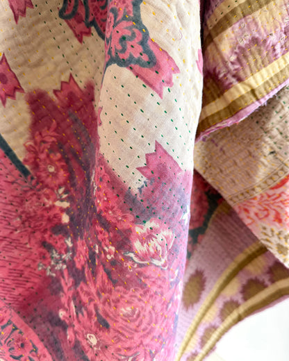 Fine Stitched Vintage Kantha Quilt in Super Soft Pink and Purple