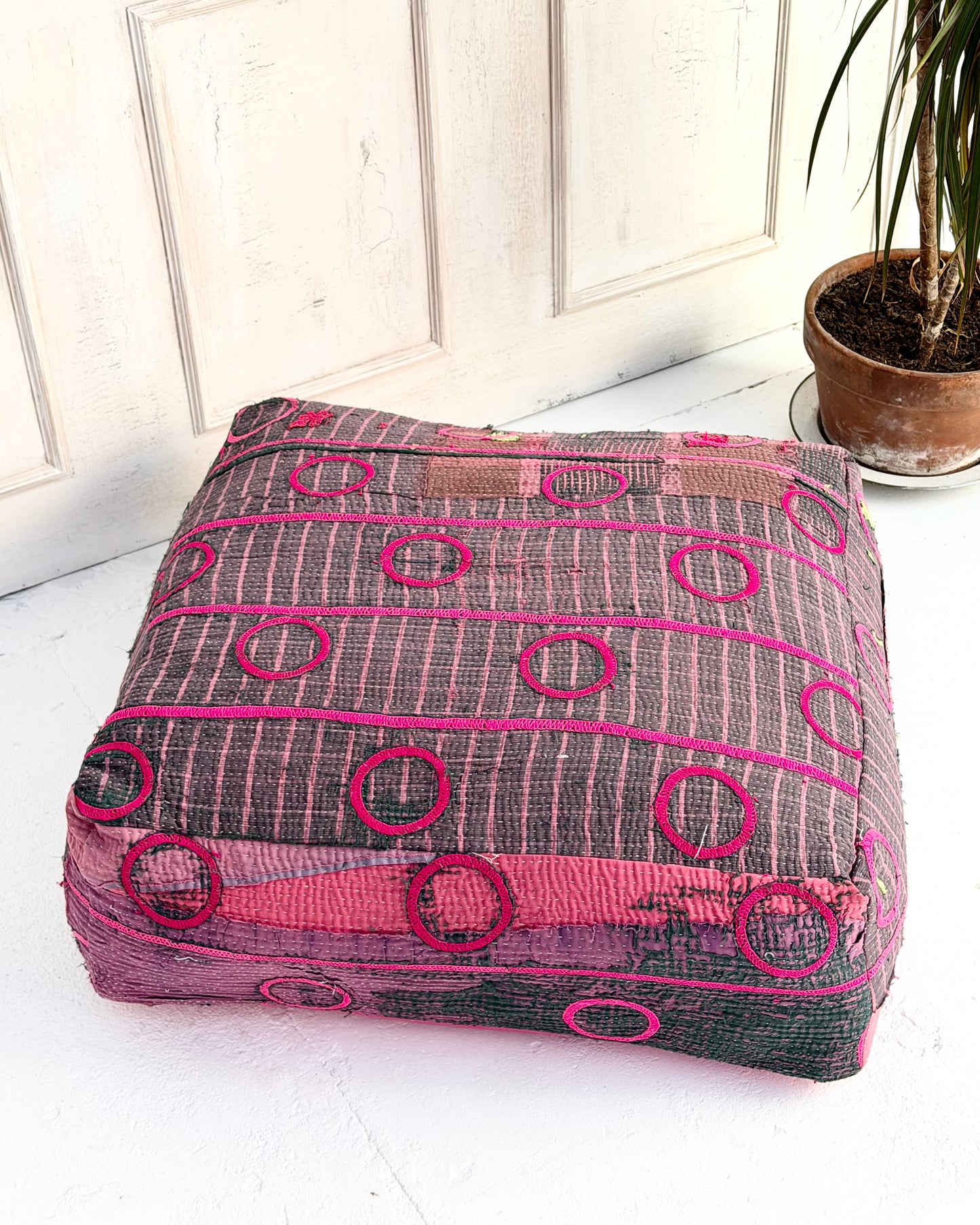 Large Square Kantha Floor Cushion Cover With Pink Circles