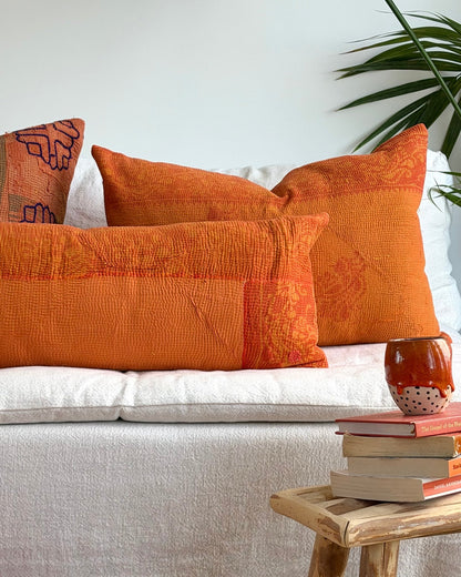 Vintage Kantha Bolster Cushion In Orange 01 - Biggs & Hill