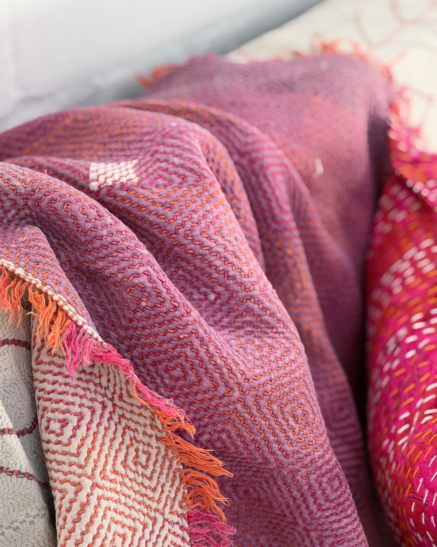 Large Heavy Kantha Blanket Quilt With Lik Phul Stitching In Pink and Orange - Biggs & Hill