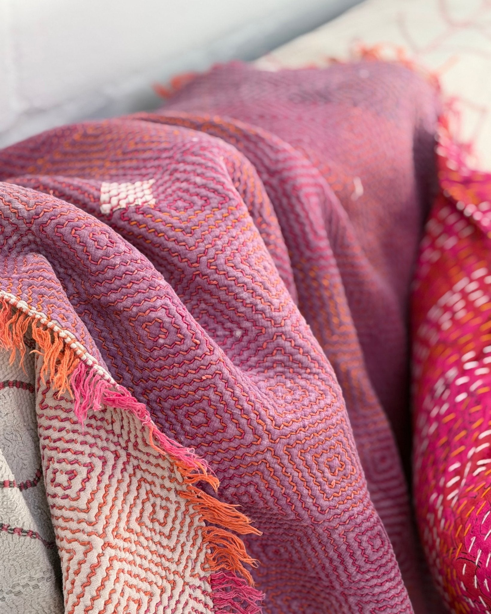 Large Heavy Kantha Blanket Quilt With Lik Phul Stitching In Pink and Orange - Biggs & Hill