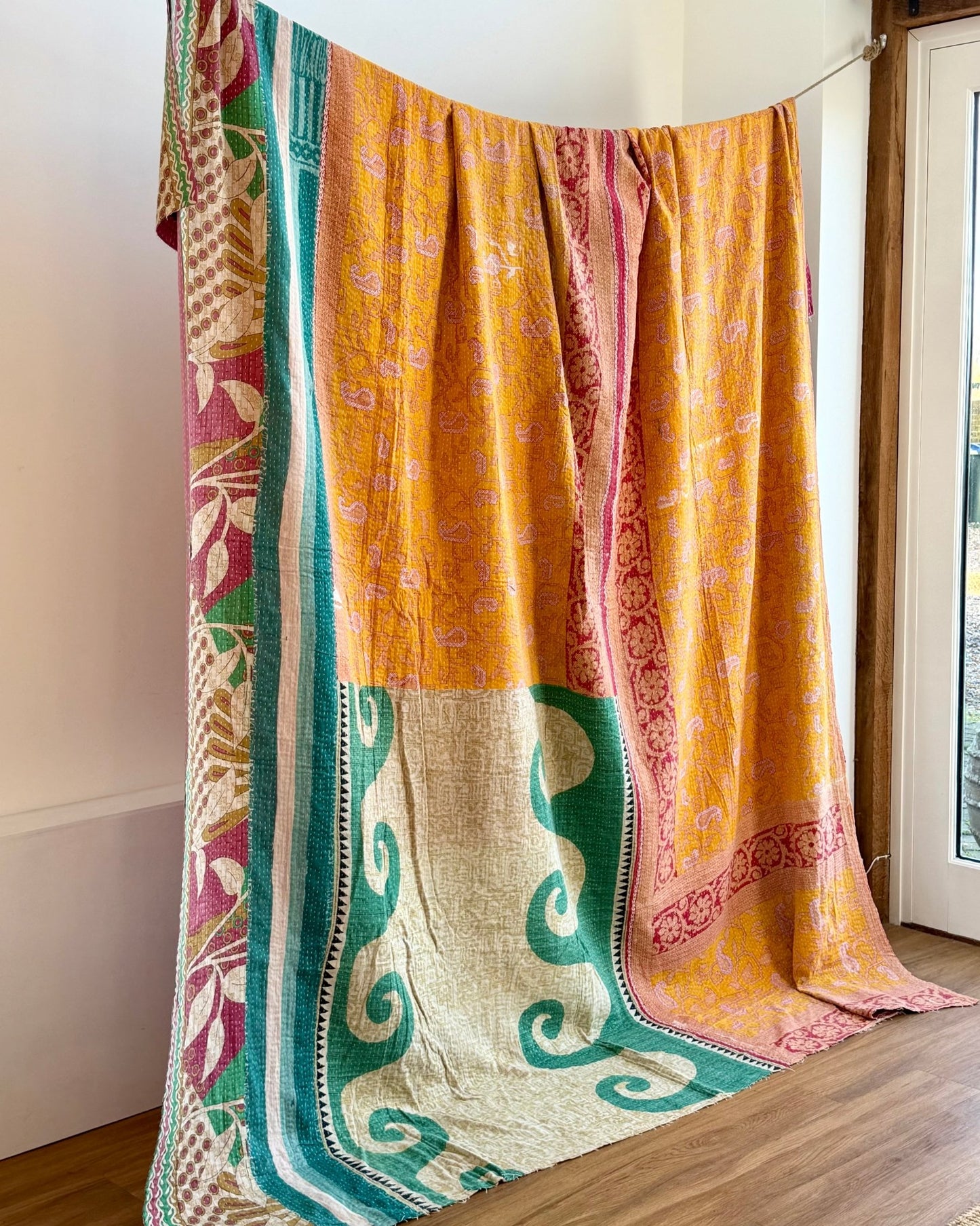 Super King Vintage Kantha Quilt in Pink, Blue and Yellow - Biggs & Hill