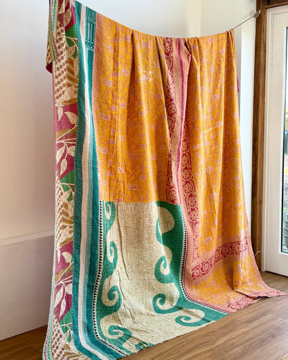 Super King Vintage Kantha Quilt in Pink, Blue and Yellow - Biggs & Hill