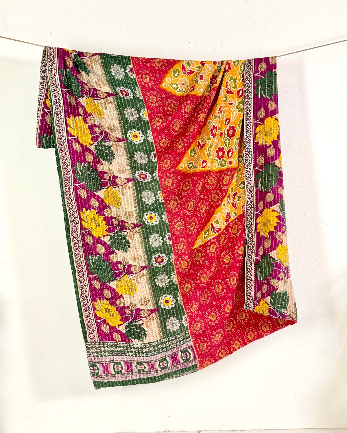 Vintage Cotton Kantha Quilt In Red and Green 07 - Biggs & Hill